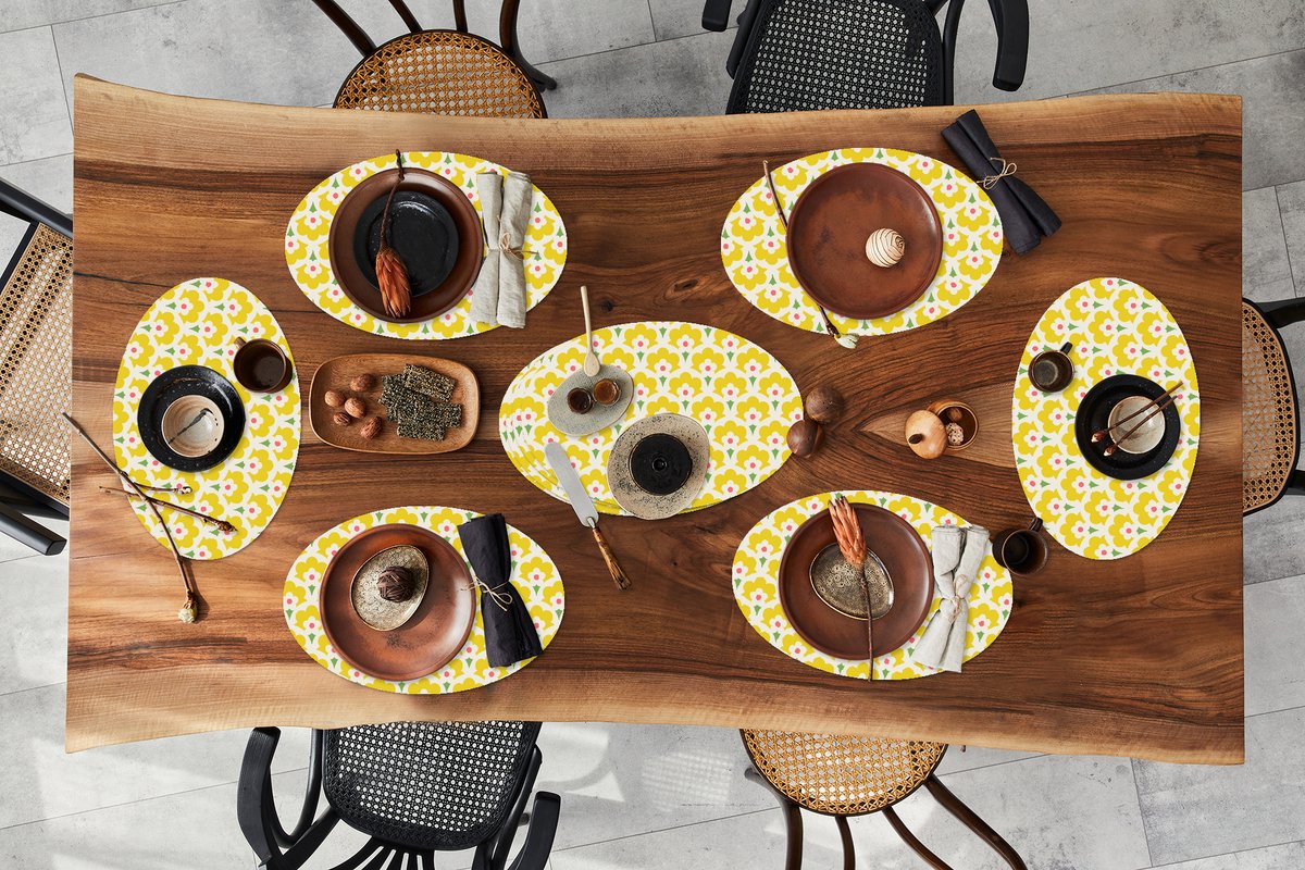 Placemats ovaal - Onderleggers - Ovale placemats - Design - Retro - Seventies - Geel - 10 stuks