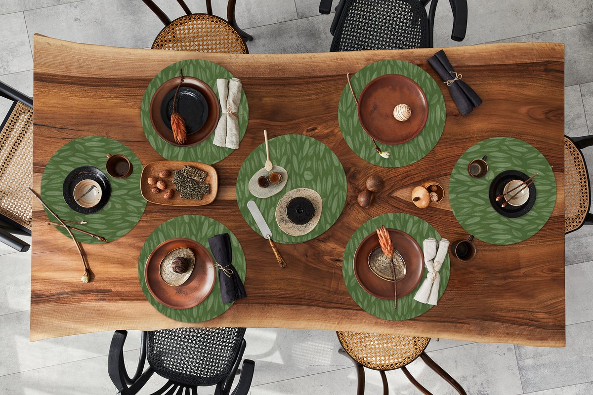 Ronde placemats - Onderlegger - Placemats rond - Patroon - Bladeren - Groen - 8 stuks