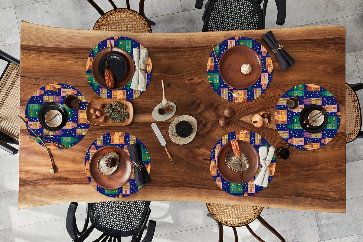 Ronde placemats - Onderlegger - Placemats rond - Winter - Patroon - Huis - 6 stuks