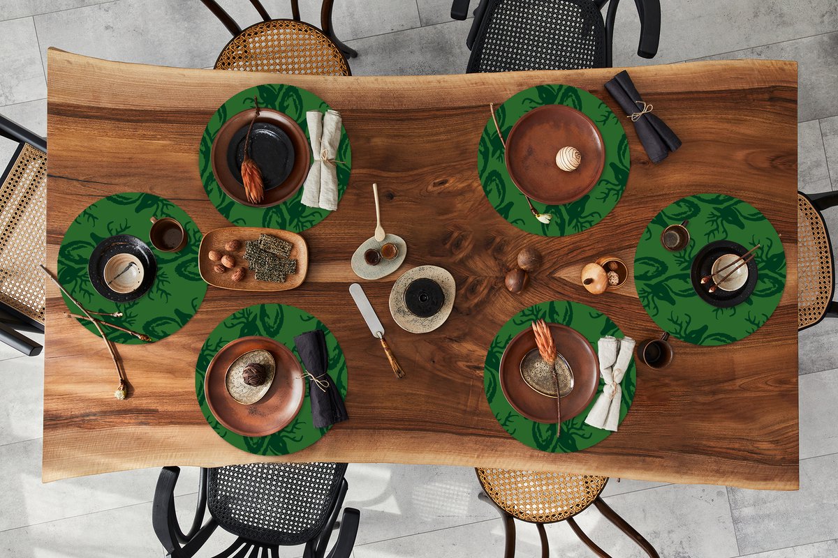 Ronde placemats - Onderlegger - Placemats rond - Patronen - Groen - Hert - 6 stuks