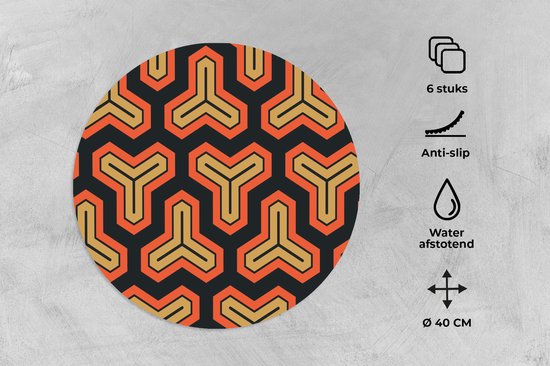 Set de table rond avec un motif géométrique noir, doré et orange. 6 pièces, antidérapant, résistant à l'eau, Ø 40 cm.