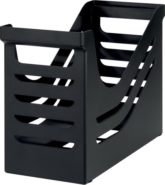 Zwarte Jalema Re-solution hangmappenbox met decoratieve horizontale en diagonale sleuven.