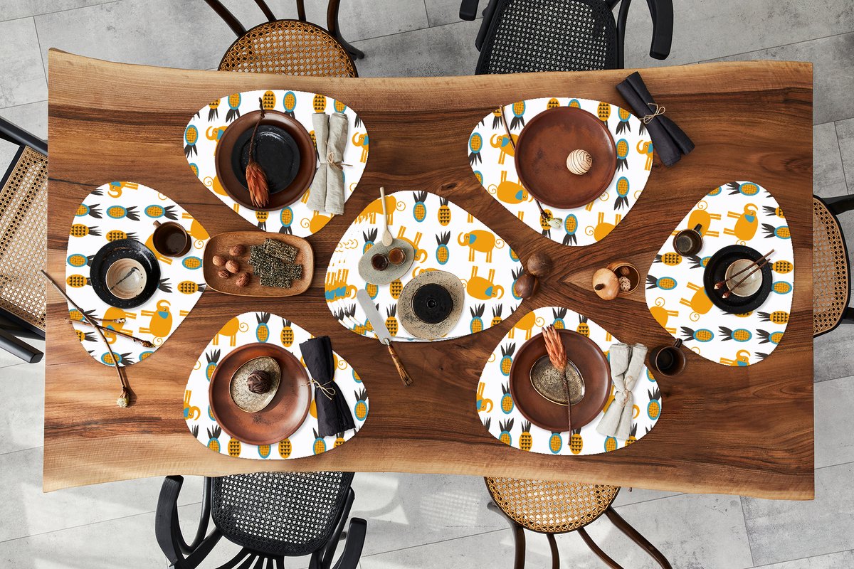 Placemat organisch - Placemats organic - Onderleggers - Olifant - Ananas - Geel - Patroon - 10 stuks