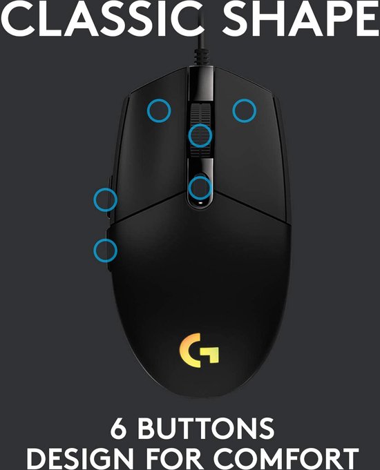 Top view van een zwarte Logitech G gamingmuis met zes knoppen, 'CLASSIC SHAPE' tekst.