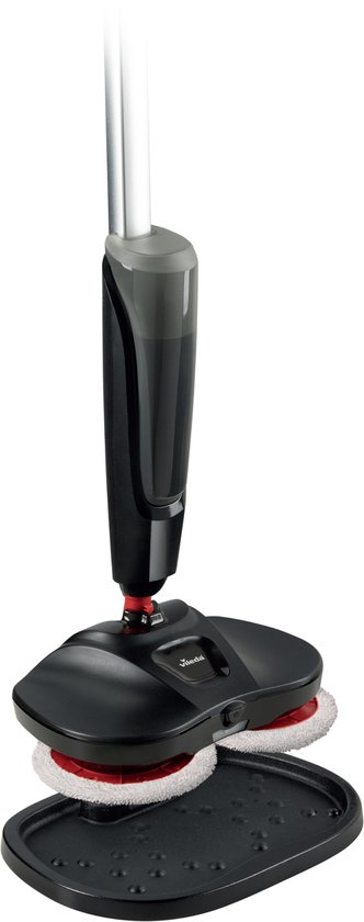 Zwarte Vileda Looper vloermop met rode en witte pads op een witte achtergrond, met een docking station.