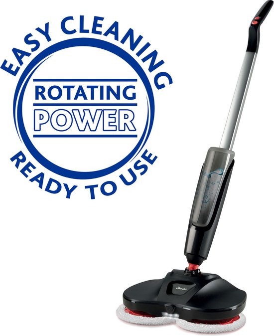 Zwarte elektrische vloermop met zilveren steel en de tekst "Easy Cleaning Rotating Power Ready to Use".