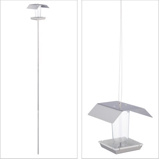 Vogelvoederbak met paal: links, de gehele voederbak op paal (167 cm). Rechts, de voederbak hangend aan een draad.