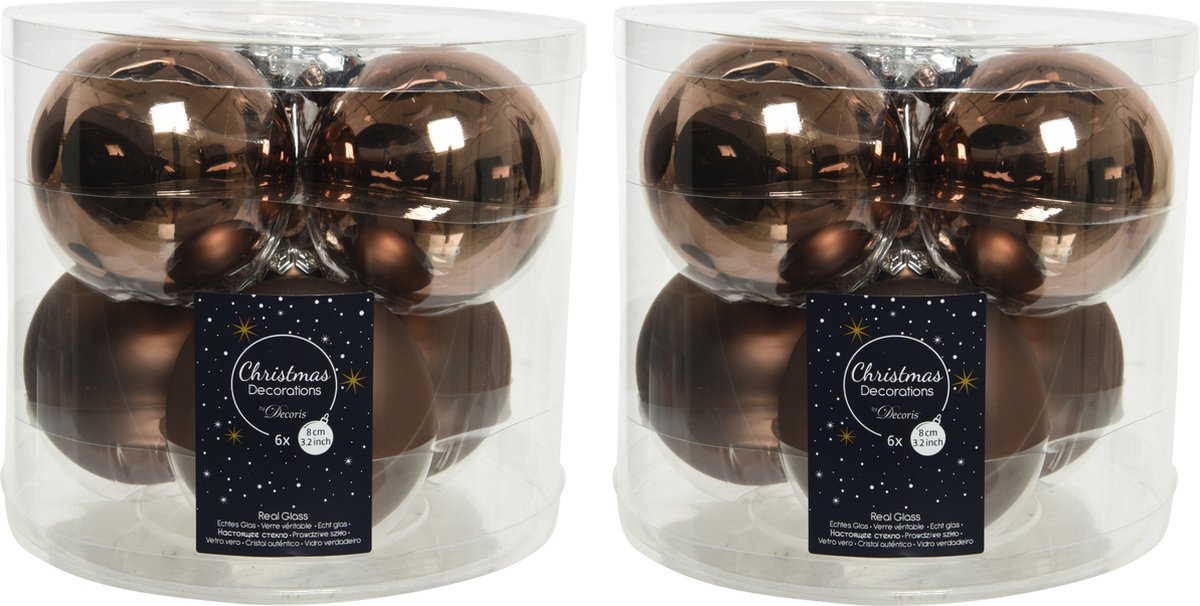 24x stuks kerstballen walnoot bruin van glas 8 cm - mat en glans - Kerstversiering/boomversiering