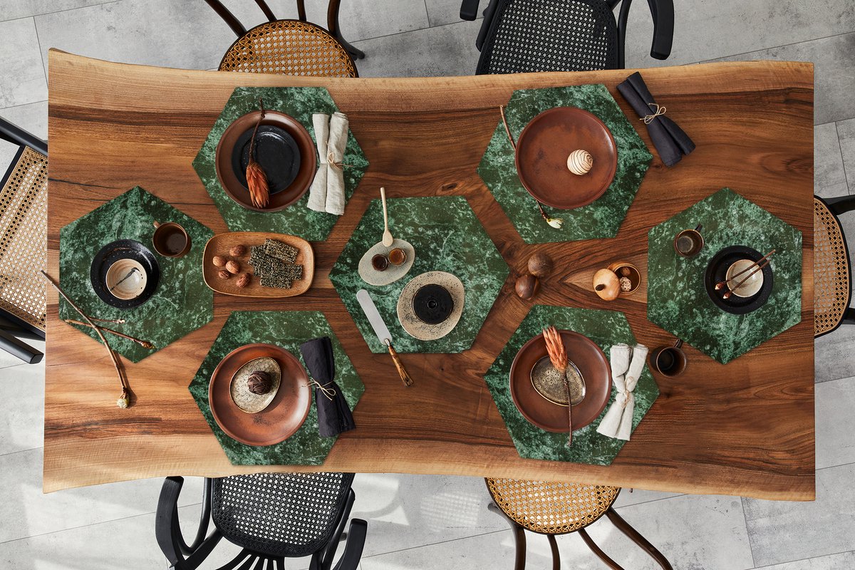 Placemats hexagon - Onderleggers placemats - Placemat zeshoek - IJs - Groen - Structuur - 8 stuks