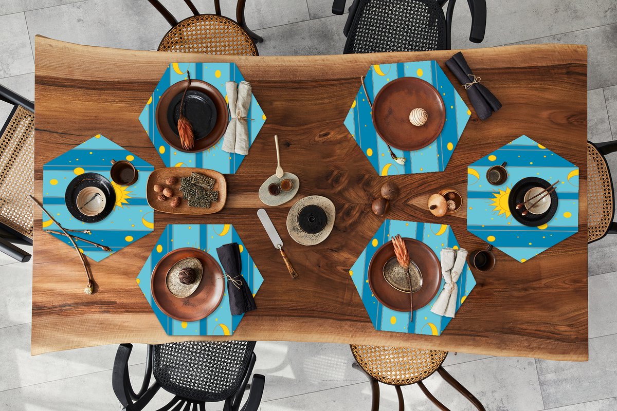 Placemats hexagon - Onderleggers placemats - Placemat zeshoek - Zon - Maan - Design - 6 stuks