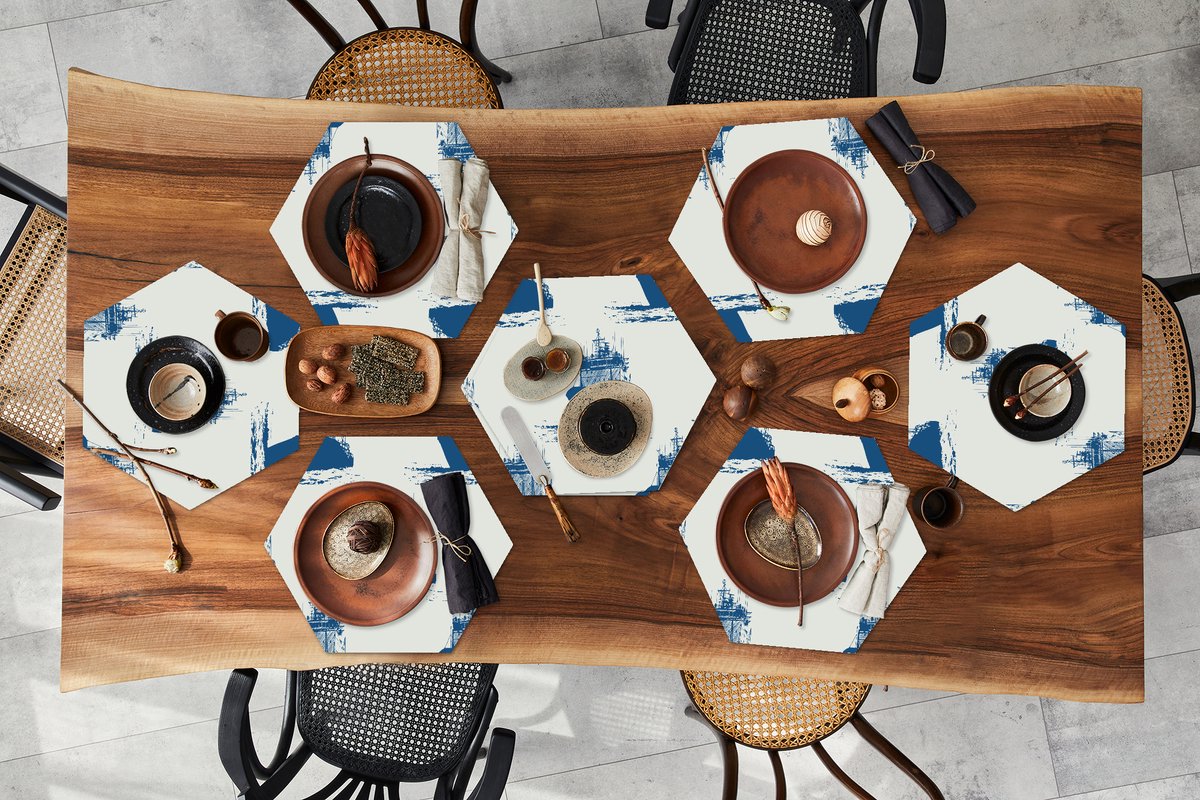 Placemats hexagon - Onderleggers placemats - Placemat zeshoek - Patronen - Water - Boot - 8 stuks