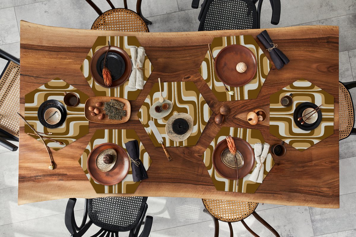 Placemats hexagon - Onderleggers placemats - Placemat zeshoek - Retro - Design - Bruin - 8 stuks