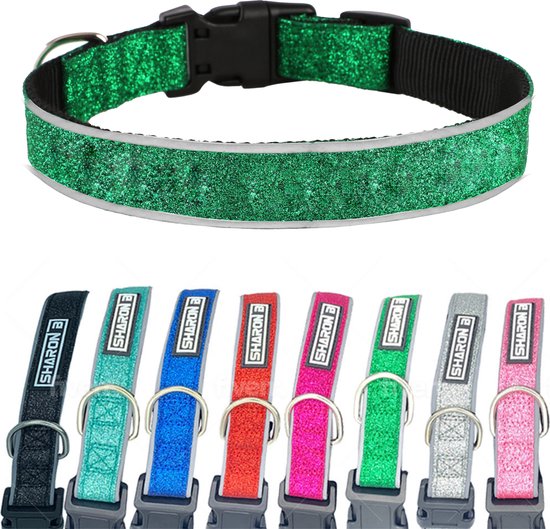 Sharon B - glitter halsband - groen - maat M - reflecterend - neopreen binnenvoering - voor middelgrote honden
