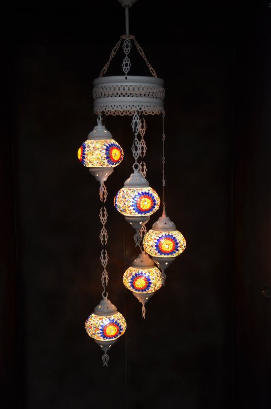 Hanglamp multicolour  glas mozaïek 5 bollen Turkse Oosterse Crèmewit Marokkaanse kroonluchter