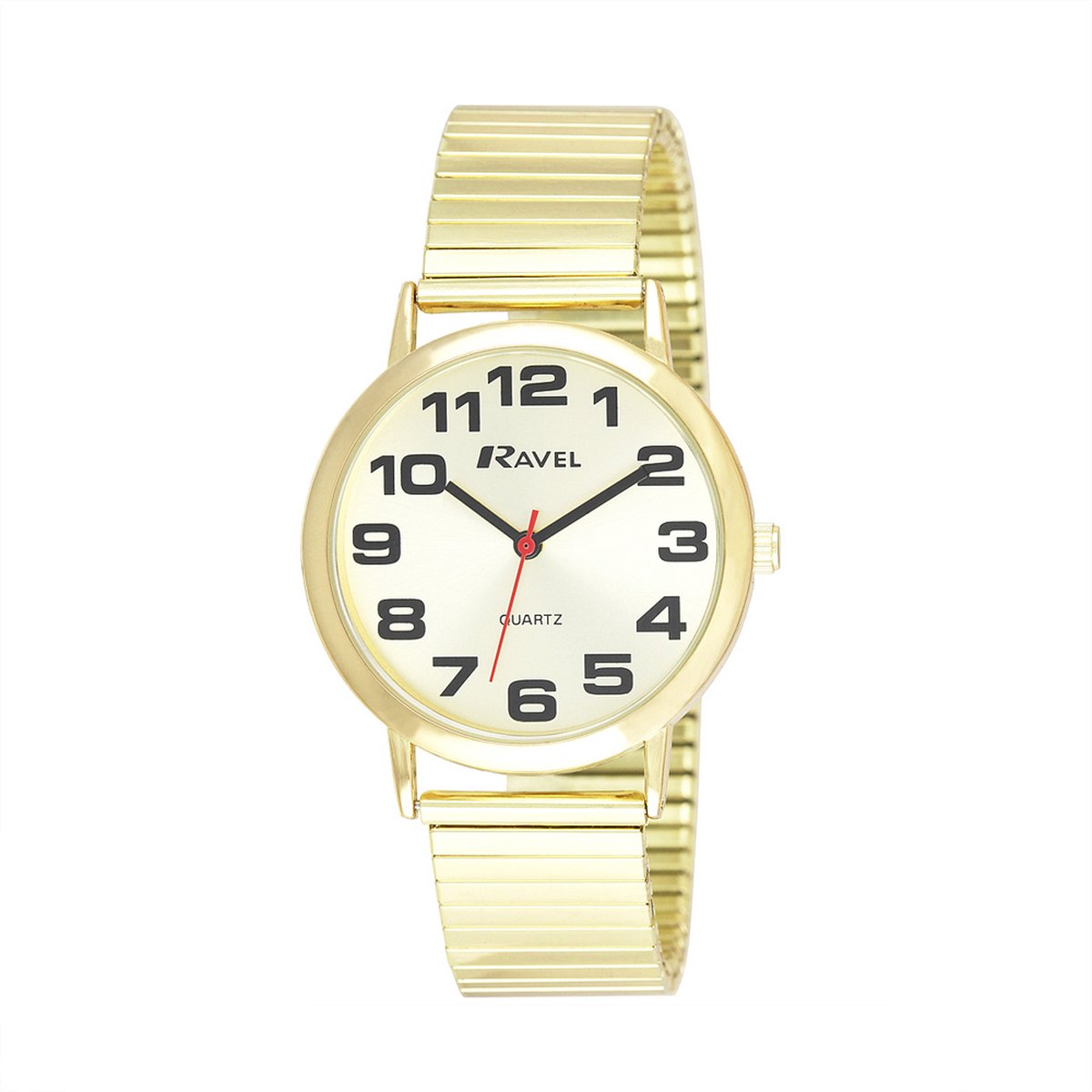 Ravel - heren gemakkelijk te lezen roestvrijstalen expander armband horloge met grote getallen (36mm horlogekast) - Analoge Kwarts - R0208.05.1S - goudkleurig / goude wijzerplaat