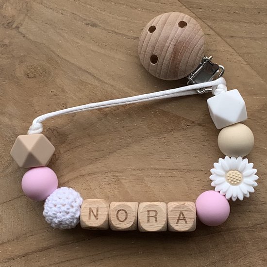 Speenkoord met naam | Gepersonaliseerd | Bloem Roze - Hout | Kraamcadeau | Baby | Speenclip | Speenketting | Bebbes