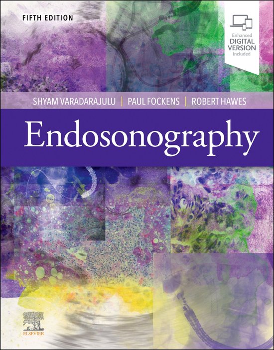 Boekcover met de titel 'Endosonography', vijfde editie. Beschikt over een abstracte achtergrond in paars, groen en geel, met medische afbeeldingen. Inclusief digitale versie.