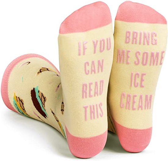Malinsi Grappige Sokken Ice Cream - Leuke Huissokken AntiSlip Dames en heren - If You Can Read This ijsje - 37 tot 45 - Cadeau voor Man & Vrouw - Sinterklaas & Kerst