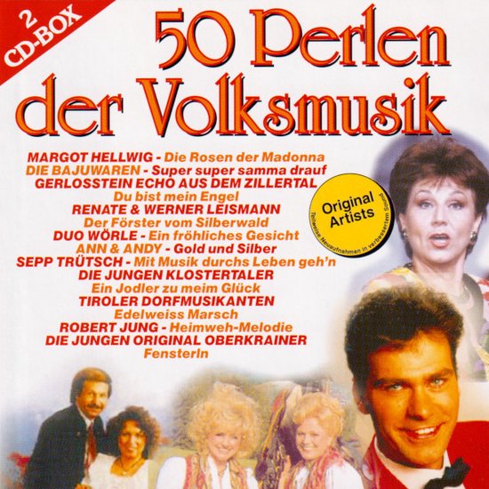 CD-hoes: "50 Perlen der Volksmusik" met artiesten zoals Margot Hellwig, Duo Wörle, Ann & Andy.