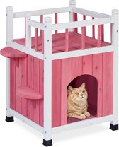 Relaxdays kattenhuis hout - groot kattenhok binnen - rood kattenmeubel buiten - grote kat