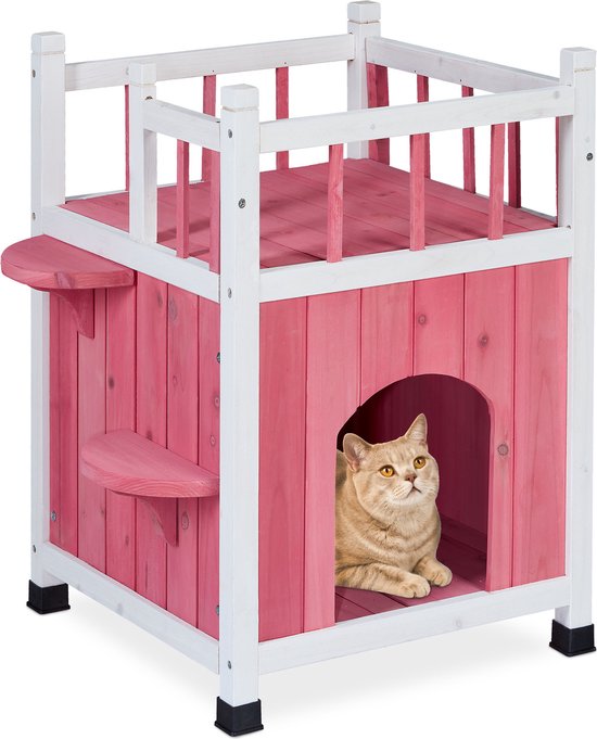 Relaxdays kattenhuis hout - groot kattenhok binnen - rood kattenmeubel  buiten - grote kat | bol
