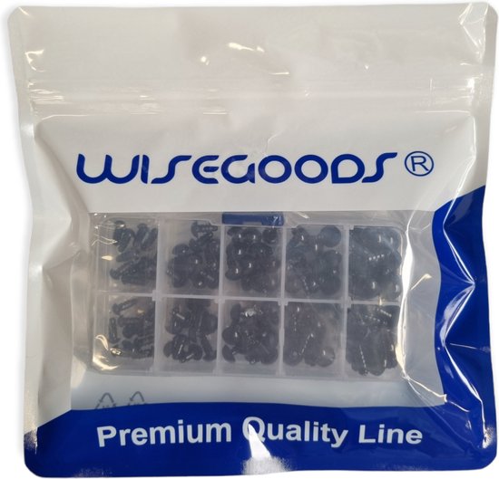 WiseGoods Premium Veiligheidsoogjes Inclusief Sluitring - Knuffels Reparatie - Zwart - Opbergdoos met 100 Stuks - 6,8,9,10 & 12 MM - WiseGoods
