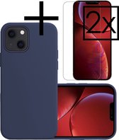 Hoes Geschikt voor iPhone 13 Hoesje Cover Siliconen Back Case Hoes Met 2x Screenprotector - Donkerblauw