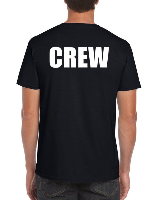 Foto: Crew t shirt zwart voor heren voor personeel medewerkers bedrukking aan voor en achterkant personeel shirt xxl