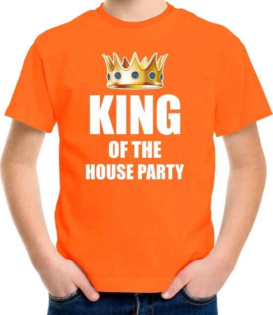 Koningsdag t-shirt King of the house party oranje voor kinderen / jongens - Woningsdag - thuisblijvers / Kingsday thuis vieren 104/110