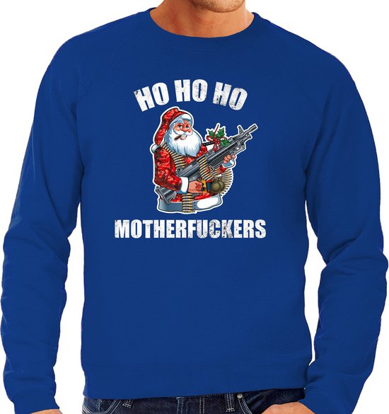 Foto: Hohoho motherfuckers foute kersttrui blauw heren kerstsweaters kerst outfit m