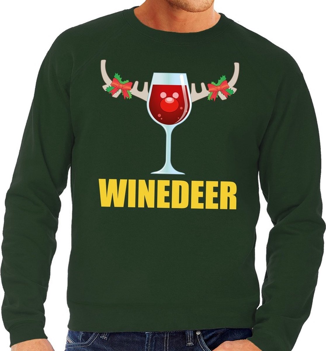 Afbeelding van product Bellatio Decorations  Foute kersttrui / sweater met wijnglas Winedeer groen voor heren - Kersttruien S  - maat S