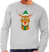 Foute kersttrui / sweater met Rudolf het rendier met groene kerstmuts grijs voor heren - Kersttruien XXL