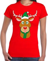 Foute Kerst t-shirt met Rudolf het rendier met groene kerstmuts rood voor dames XS