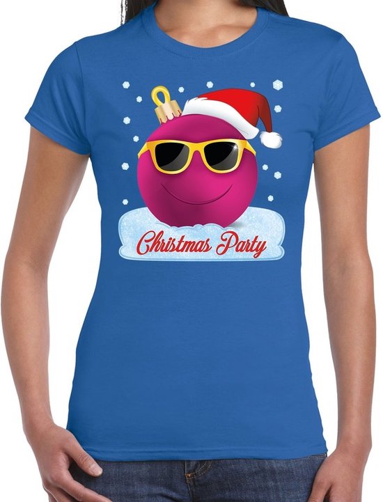 Fout kerst print t-shirt - blauw - Chirstmas party - roze coole kerstbal - dames - kerstkleding / christmas outfit - kersttruien XXL