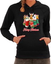 Kerstsokken Merry Christmas foute Kerst hoodie / hooded sweater - zwart - dames - Kerstkleding / Kerst outfit XL