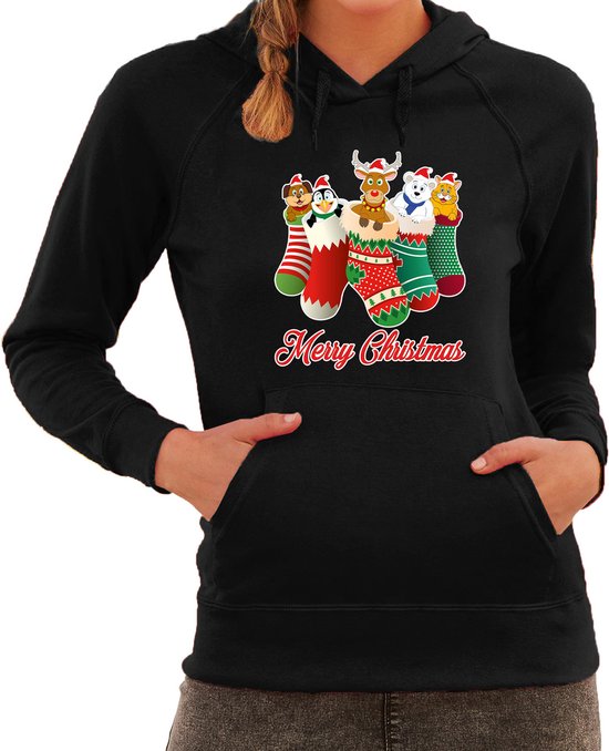 Kerstsokken Merry Christmas foute Kerst hoodie / hooded sweater - zwart - dames - Kerstkleding / Kerst outfit M