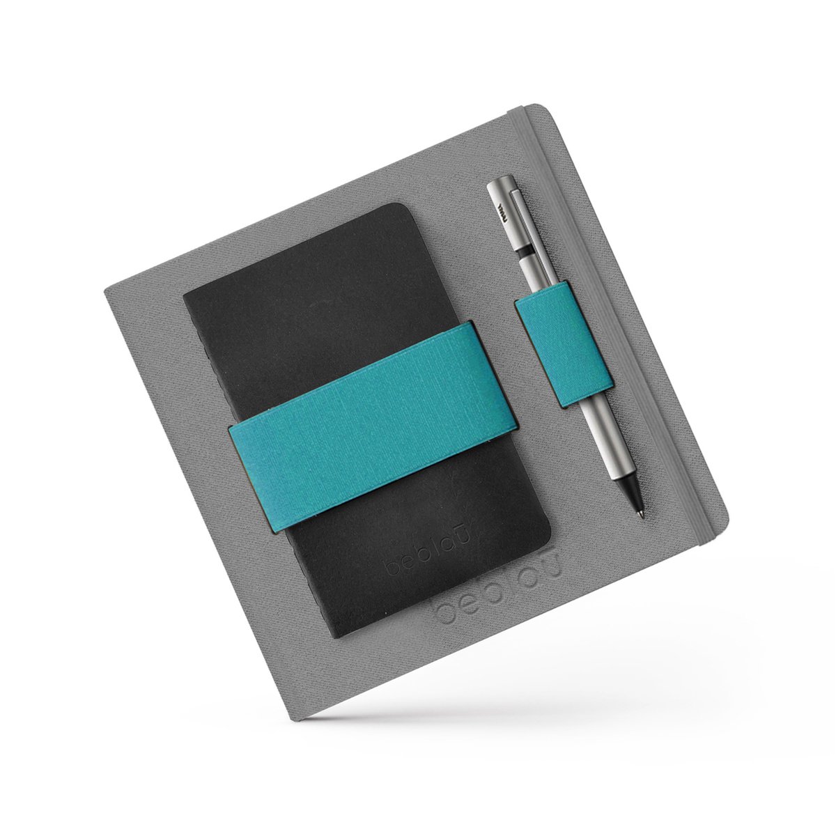 Beblau - FLEX notitieboek *lined* met elastische band/organizer met ruimte voor bijv. pen en telefoon - perfect voor op reis, werken op locatie, vergaderingen, school - GRIJS / TURQUOISE - GELINIEERD - HARDCOVER