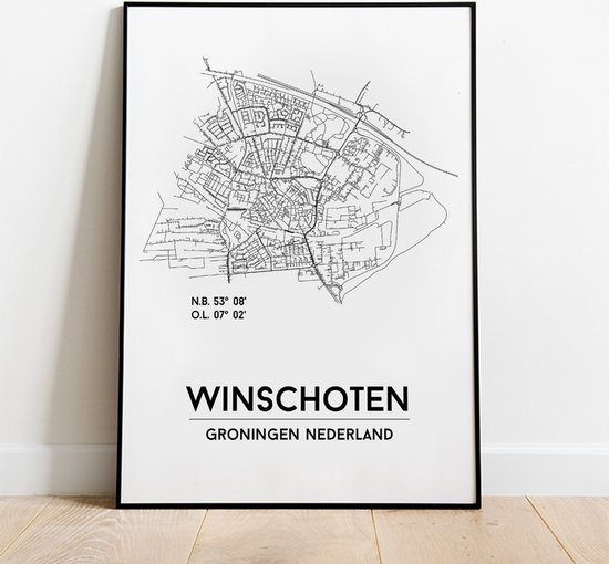 Winschoten city poster, A3 (30x40 cm) met lijst, plattegrond poster, woonplaatsposter, woonposter