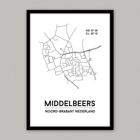 Middelbeers city poster, A3 (30x40 cm) met lijst, plattegrond poster, woonplaatsposter, woonposter