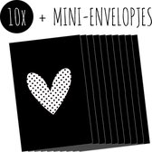 10x Minikaartjes + Mini-envelopjes | HARTJE | kleine kaartjes met kraft enveloppen | zwart-wit