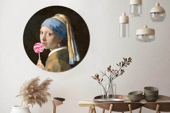 Anciens maîtres - Fille à la perle du vieux maître Johannes Vermeer avec sucette Assiette en plastique cercle mural - ⌀ 120 cm XXL /