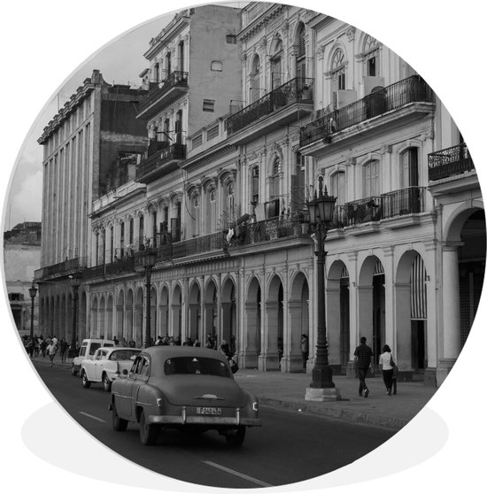 WallCircle - Wandcirkel ⌀ 30 - Oude auto's door straat in Cuba - zwart-wit - Ronde schilderijen woonkamer - Wandbord rond - Muurdecoratie cirkel - Kamer decoratie binnen - Wanddecoratie muurcirkel - Woonaccessoires