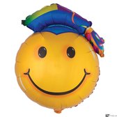 Smile Face Emoji Grad Cap Bright Graduation 35"x26" Foil Balloon, Yellow Blue