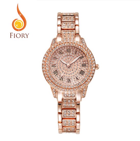 Fiory Horloge D176 | Rose-Goud | Horloge | Unisex| Strass steentjes | Roestvrijstaal | rond| Rose-Goud