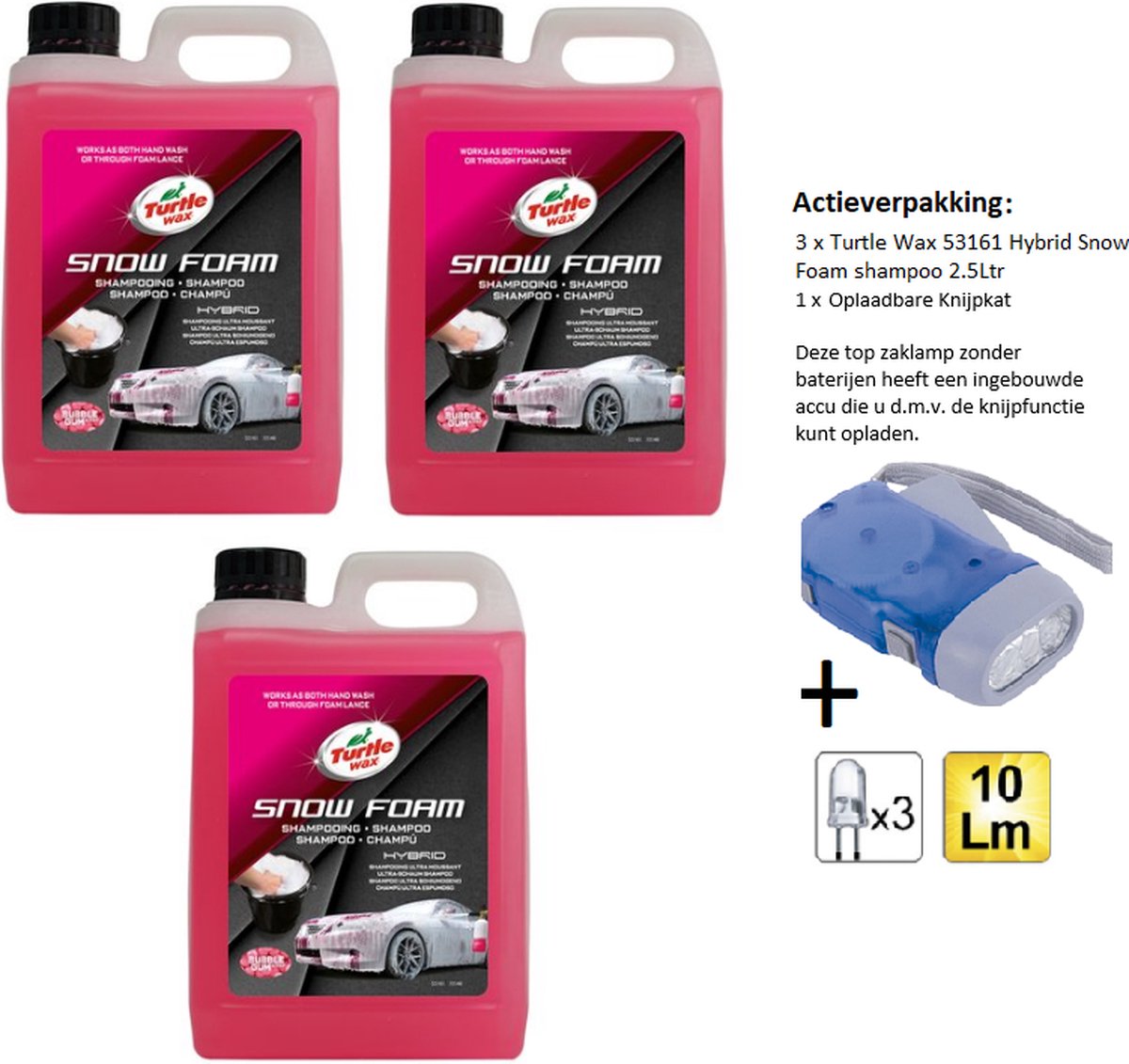 Turtle Wax 53161 Hybrid Snow Foam shampoo - 2.5 Liter - 3 Stuks + Zaklamp/Knijpkat