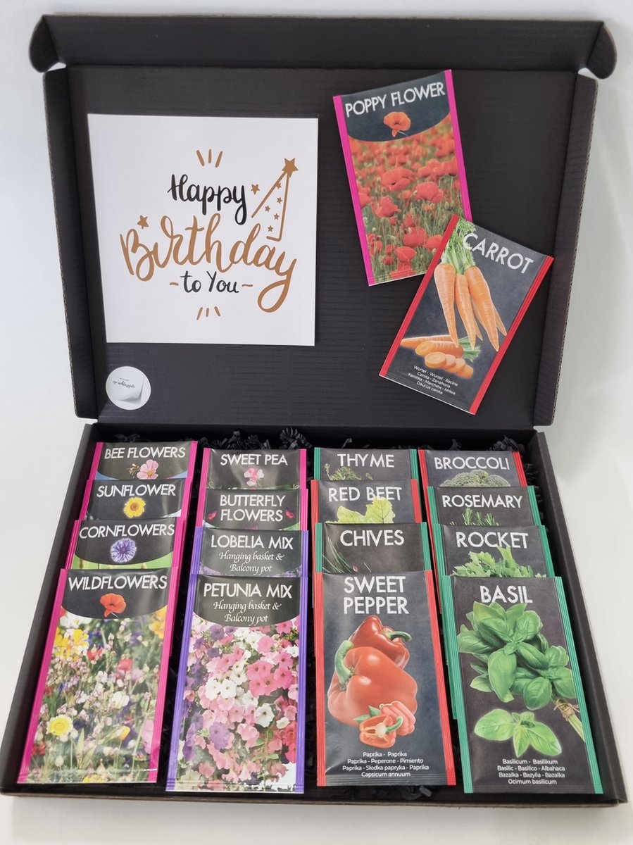 Zaden Pakket met Mystery Card 'Happy Birthday' met jouw eigen persoonlijke videoboodschap. Pakket met 18 verschillende bloemen-, kruiden- en groentenzaden in 1 box door de brievenbus. | Verjaardag | Vaderdag | Moederdag
