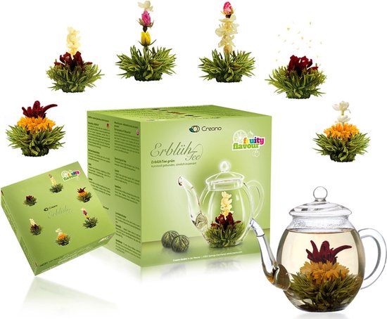 Theebloemen geschenkset groene thee - 6 verschillende soorten - Inclusief theepot - Theebloemen cadeauset