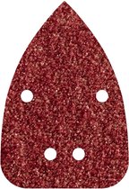 Rood driehoekig schuurvel met grove textuur en vier gaten voor schuurmachine.