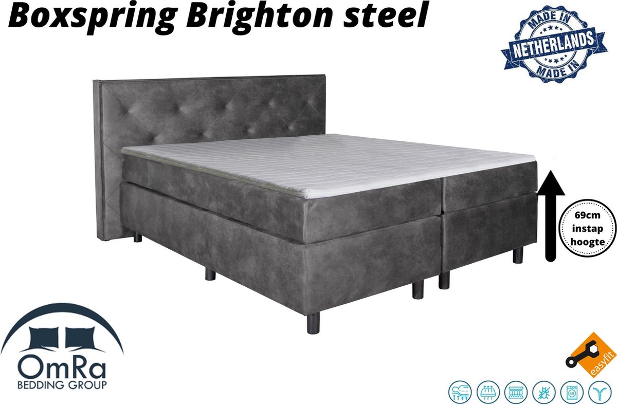 Omra - Complete boxspring - Brighton steel - 120x210 cm - Inclusief Topdekmatras - Hotel boxspring