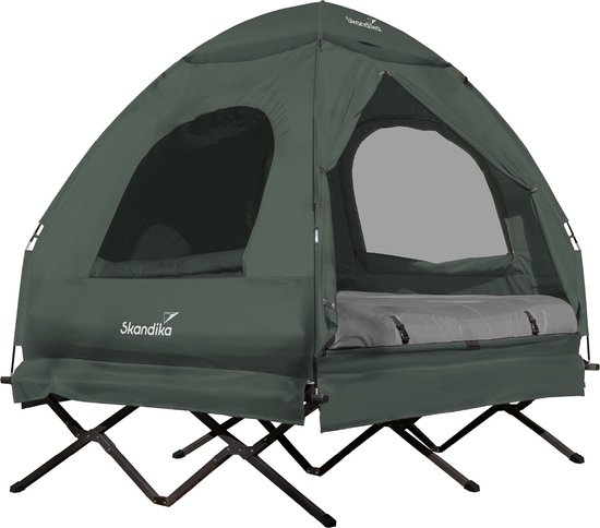 Skandika Haug Tent Bed voor 2 personen – Tentbed – Verhoogd campingbed – Opblaasbare luchtmatras – Waterdicht – Outdoor campingbed – Tot max. 160 kg – Hoogte van 174 cm -  4in1 Vistent – Ideale tent voor vissers - Bed tent – Karper bed -  Legergroen